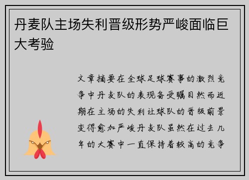 丹麦队主场失利晋级形势严峻面临巨大考验