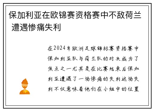保加利亚在欧锦赛资格赛中不敌荷兰 遭遇惨痛失利