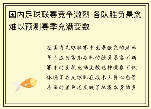 国内足球联赛竞争激烈 各队胜负悬念难以预测赛季充满变数