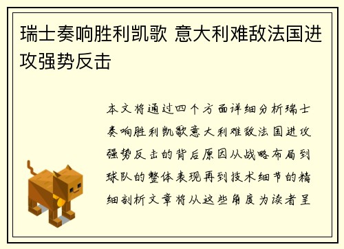 瑞士奏响胜利凯歌 意大利难敌法国进攻强势反击