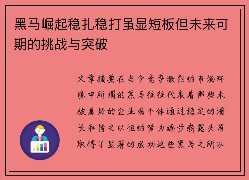 黑马崛起稳扎稳打虽显短板但未来可期的挑战与突破