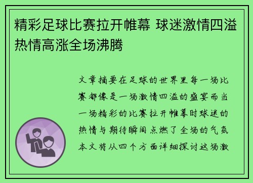 精彩足球比赛拉开帷幕 球迷激情四溢热情高涨全场沸腾