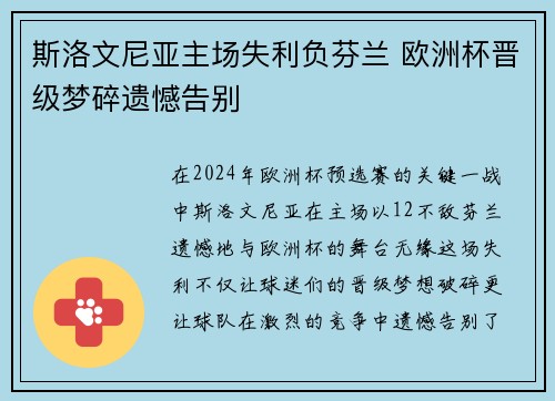 斯洛文尼亚主场失利负芬兰 欧洲杯晋级梦碎遗憾告别