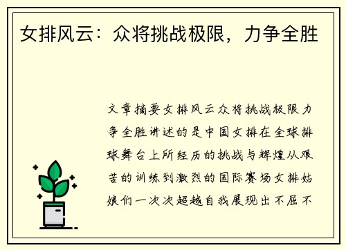 女排风云：众将挑战极限，力争全胜
