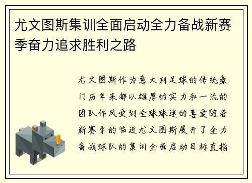 尤文图斯集训全面启动全力备战新赛季奋力追求胜利之路