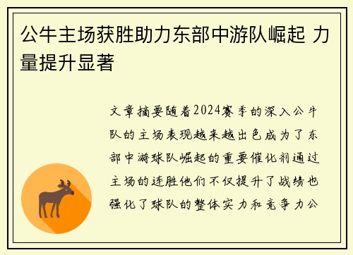 公牛主场获胜助力东部中游队崛起 力量提升显著
